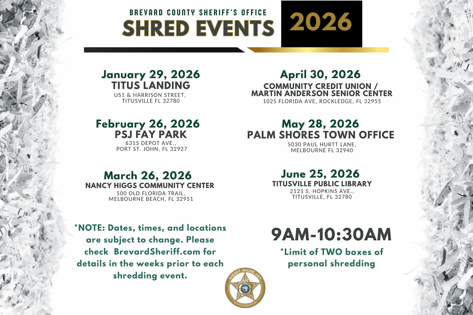 Flyer listing Brevard County Sheriff’s Office 2026 shred events from January through June with dates and locations; 9:00–10:30 a.m.; limit two boxes of personal shredding; note says details may change and to check BrevardSheriff.com.